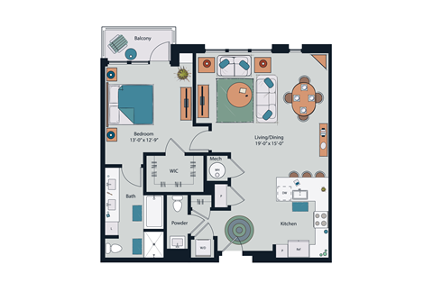 Floor plan for 1 bed, 1.5 baths, 1063 sqft